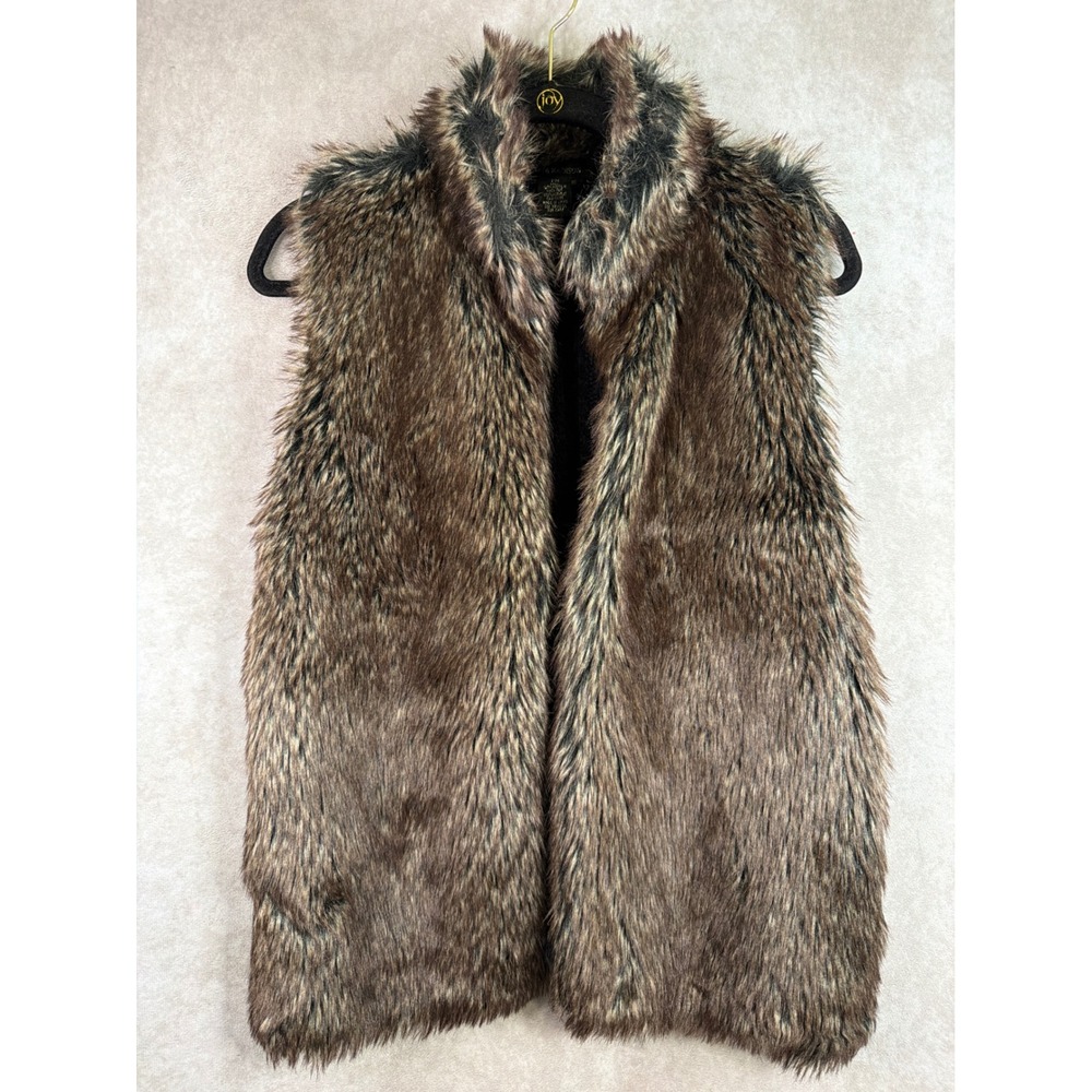 89th & Madison Faux Fur Vest Womens PM Brown Black Cable Knit Back Open Front